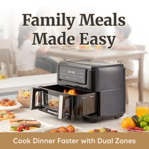 Elite Gourmet Dual Zone Air Fryer Oven 11QT, Dual Basket Air Fryer with Divider, Sync Finish & Sync Cook, PFAS Free Nonstick, 10 Presets, Air Fry Bake Roast Broil Toast Dehydrate, 1600W Black