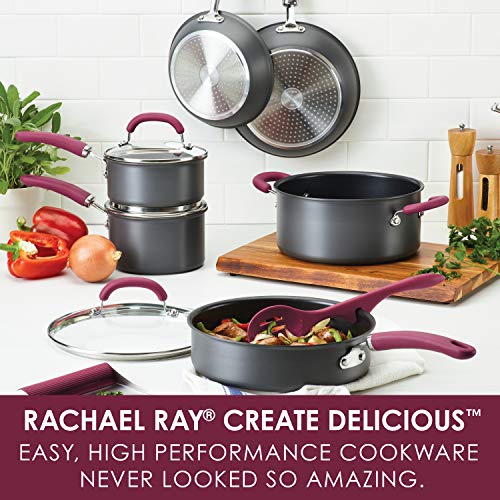 Rachael Ray Create Delicious Hard Anodized Nonstick Cookware Pots and Pans Set, 11 Piece, Burgundy Handles