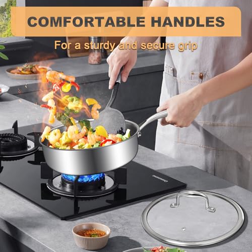 EWFEN Tri-Ply Stainless Steel Frying Pan 3QT, 10 Inch Deep Frying Pan with lids, Skillet, Induction Cooking Pan, Dishwasher and Oven Safe, Fast & Even Heat, Heavy Duty and Detachable Handle