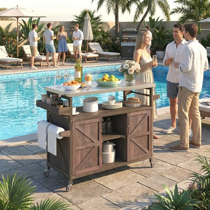 Waully 50.25" Outdoor Kitchen Island with Wheels for Food Prep, Strage, Bar, Rolling Outdoor Grill Table for Outside, Outside Cooking Table, Grill Carts, Cooking Station, Modular, Solid Wood, Brown
