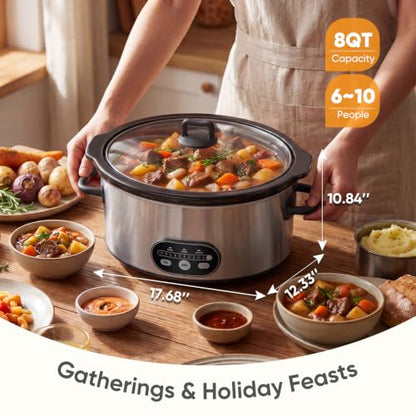 NEWBULIG Slow Cooker 8 Quart, Large Slow Cooker, Ceramic Nonstick Coating, 3 Adjustable Temp Multi Cookers with Dishwasher Safe Stoneware Pot & Tempered Glass Lid, 35in Tangle Free Cord Wrap, Silver