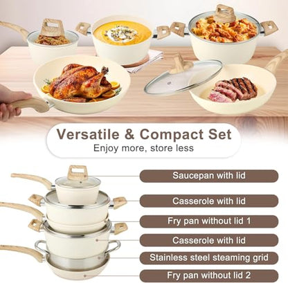 Ray Bear 11 Pcs Pots and Pans Set, Nonstick Cookware Set with Lids and Wooden Handles, Silicone Spoons & Spatulas, Non-toxic Healthy Kitchen Cooking Set, PFAS & PFOA Free