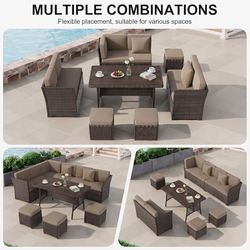 7 Pieces Patio Furniture Set, Patio Sectional with Dining Table & Ottoman