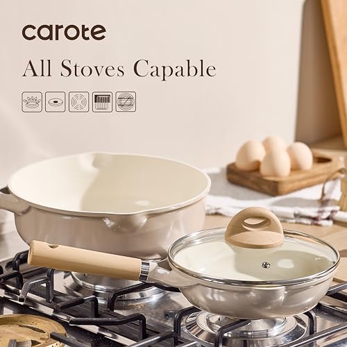 CAROTE 10" Ceramic Frying Pan with Lid, Non Stick Frying Pan Skillet Chef's Pan, Healthy & PFOA/PFAS Free, Induction-Compatible, Taupe