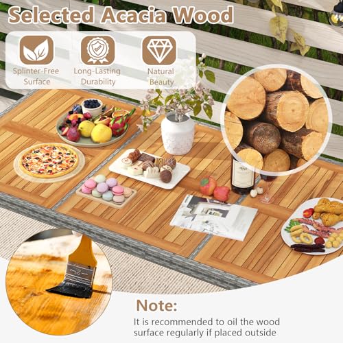 COSTWAY 9-Piece Patio Dining Set for 8, Outdoor Rattan Wicker Table and Chairs Furniture Set with Umbrella Hole, Acacia Wood Tabletop for Backyard, Balcony, Poolside, Grey & White