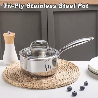 KC-Emier 1-Quart Saucepan with Lid, Tri-Ply Stainless Steel Pot with Stay-Cool Handle & All Cooktop Compatibility (Gas, Ceramic, Electric) - Silver