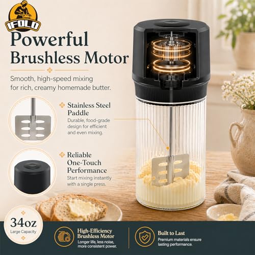 IFOLO Electric Butter Churn – One-Touch Butter Maker in 5–10 Mins, 34oz Glass Jar with High-Speed Brushless Motor, High-Speed Mixing for Creamy Results