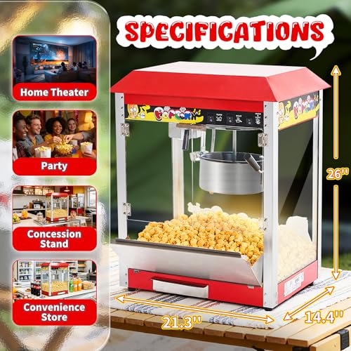 Commercial Popcorn Machine, 10 Oz Kettle, 1300W Countertop Popcorn Maker for 60 Cups per Batch, Movie Theater Popcorn Popper with 3-Switch Control, 2 Scoops 1 Cup (21.3"L * 14.4"W * 26"H)
