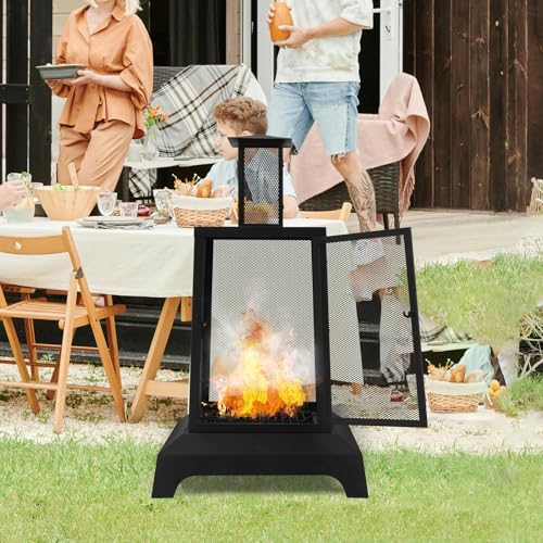 Walsport Chiminea Outdoor Fireplace, 43 Inch Wood Burning Fire Pit with Grill Grate and Spark Screen Cover, Outdoor Fire Pit for Patio, Backyard, Deck Porch and Camping, Black
