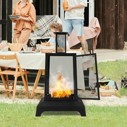 Walsport Chiminea Outdoor Fireplace, 43 Inch Wood Burning Fire Pit with Grill Grate and Spark Screen Cover, Outdoor Fire Pit for Patio, Backyard, Deck Porch and Camping, Black