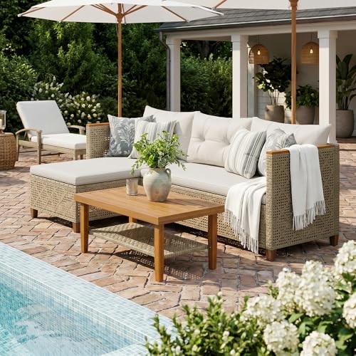 Devoko Wicker Patio Furniture Set, 3 Pieces Outdoor Sofa with Tufted Pillow,PE Rattan Small Sectional Couch Set for Backyard, Deck,Porch & Poolside(Brown)