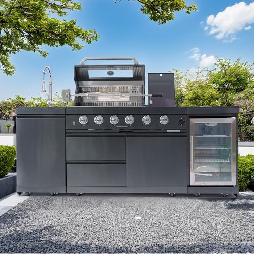 85" Commercial Outdoor Kitchen Grill Island with 4 Burner 72000 BTU BBQ, Stainless Steel Sink, Wine Cooler Fridge, Rotisserie & Granite Countertops, Black
