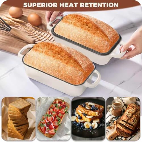Articasting Cast Iron Bread Loaf Pan with Lid, Loaf Pans for Baking Bread 9x5, Enameled Bread Pans for Homemade Bread, Sourdough, Set of 2, Cream