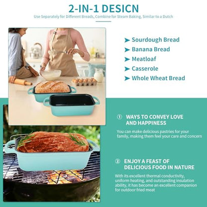 Blisswave Cast Iron Bread Pan with Lid - 2-in-1 Dual Set, Includes 2 Bread Mats - Bread Baking Pan for Homemade Bread, Cakes, Patties - Even Heating - 2-Piece Set (Lake Blue)