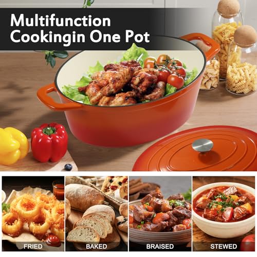 Enameled Oval Dutch Oven Pot with Lid, 8 QT Cast Iron Dutch Oven with Dual Handles for Cooking, Bread Baking, Frying, Non-stick Enamel Coated Oven (8 QT Orange)
