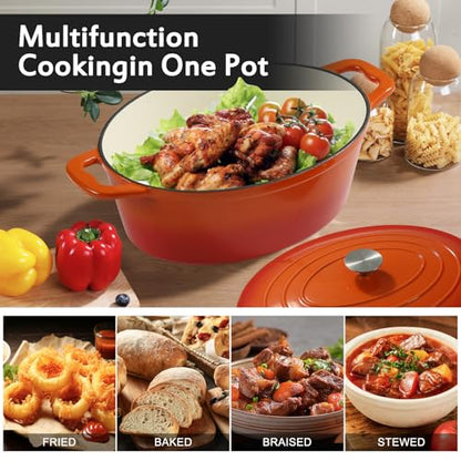 Enameled Oval Dutch Oven Pot with Lid, 8 QT Cast Iron Dutch Oven with Dual Handles for Cooking, Bread Baking, Frying, Non-stick Enamel Coated Oven (8 QT Orange)