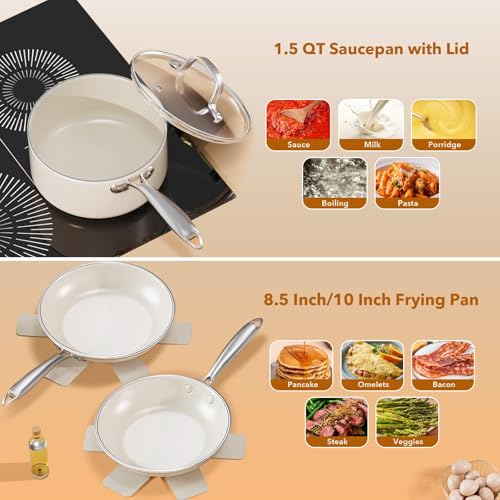PekGema Ceramic Pots and Pans Set, 16 Pcs Cookware Set Non Toxic, Nonstick Kitchen Cookware, Oven Safe Cooking Pan Set, PFAS PTFE PFOA FREE,Compatible with All Cooktops, comfortable handle.Cream White