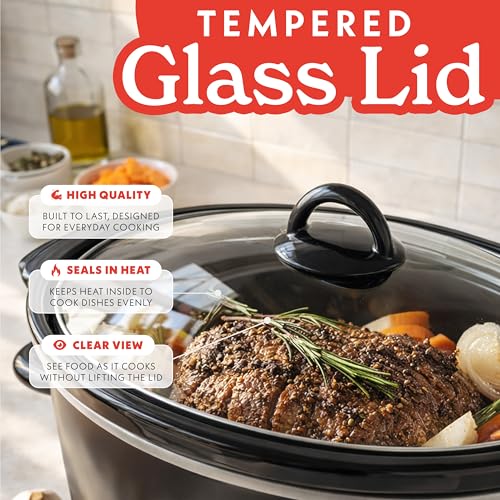 Gourmia Slow Cooker - 6 Quart Removable Ceramic Pot, Manual Controls with 3 Temperature Settings, Dishwasher Safe Crock and Glass Lid, Black