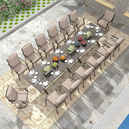 RTDTD 16 PCS Outdoor Patio Dining Set,Patio Table and Chairs Metal Outdoor Patio Furniture Set with Umbrella Hole,Dining Table Set with Swivel Chairs for Deck,Backyard and Garden,Brown