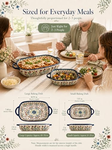 Polish Pottery Style Ceramic Baking Dish Set, 2-Piece Large & Small Casserole Bakers for 2–3 People, Floral Oven-to-Table Bakeware, Microwave & Dishwasher Safe, Gift-Ready with Protective Packaging