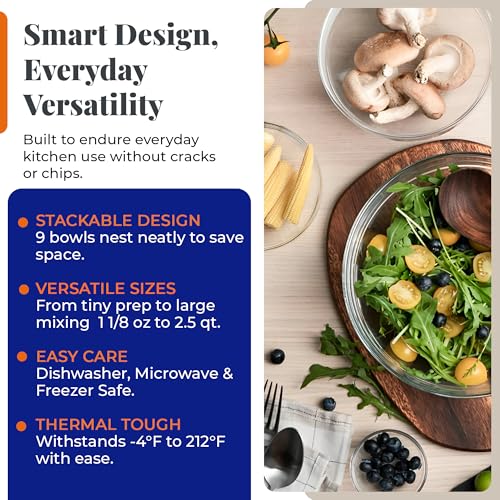 Duralex Le Gigogne Glass Mixing Bowl Set – 9-Piece Clear Stackable Prep Bowls Made of Durable Glass