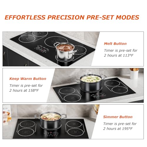 BIGoods 36 Inch Induction Cooktop 5 Burners, Flat Glass Top Electric Stove Hob with Bridge-SYNC, 3 Preset Modes Booster, Timer, Pause, Child Lock, Drop in, 208~240V/50A, Black