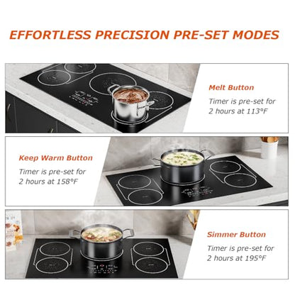 BIGoods 36 Inch Induction Cooktop 5 Burners, Flat Glass Top Electric Stove Hob with Bridge-SYNC, 3 Preset Modes Booster, Timer, Pause, Child Lock, Drop in, 208~240V/50A, Black