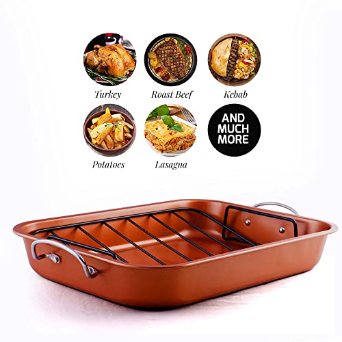 OVENTE Stainless Steel Roasting Pan with V-Shape Rack and Carving Set, 15x11.75 Inch Nonstick Roaster Tray, Oven & Dishwasher Safe Bakeware Dish for Turkey, Roasted Chicken or Beef, Copper CWR24619CO