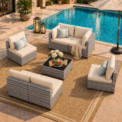 LOUVIXA 7 Piece Outdoor Patio Furniture Set, Outdoor Sectional Sofa, Wicker Rattan Patio Furniture, Patio Conversation Set with Coffee Table & Cushions