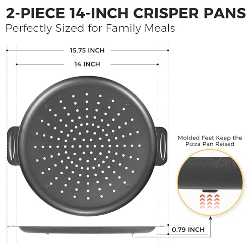 HONGBAKE 2 Pack Pizza Pan 14 Inch with Holes, Rust-Free Nonstick Pizza Pan for Oven, 0.8mm Carbon Steel Perforated Pizza Tray with Wider Handles, Round Baking Sheet for Frozen & Homemade Pizza, Grey