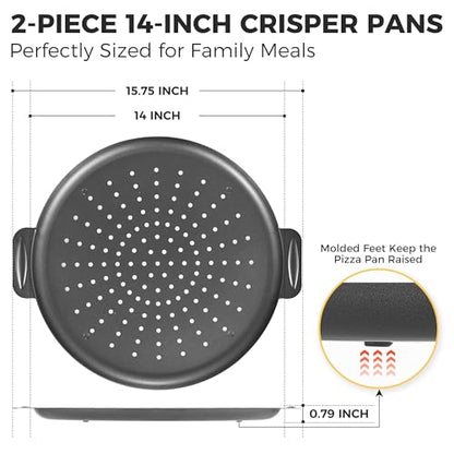 HONGBAKE 2 Pack Pizza Pan 14 Inch with Holes, Rust-Free Nonstick Pizza Pan for Oven, 0.8mm Carbon Steel Perforated Pizza Tray with Wider Handles, Round Baking Sheet for Frozen & Homemade Pizza, Grey