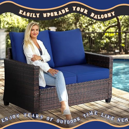 Outdoor 2-Seat Rattan Loveseat,Water-Resistant Deep Cushions,Patio,Blue