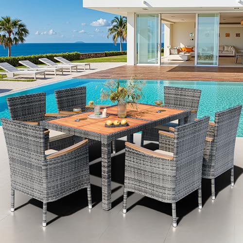 Shintenchi 7 PCS Wicker Patio Dining Set, Grey Rattan