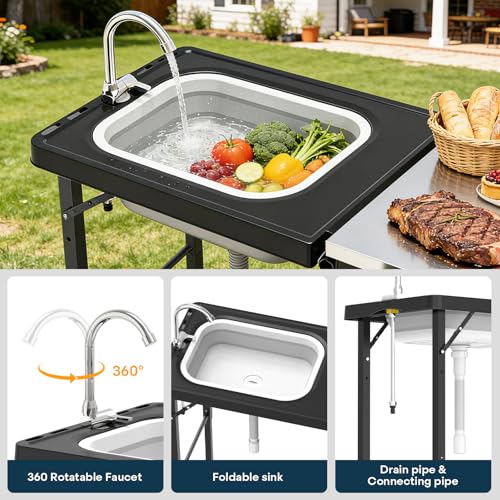 evixor Grill Cart with Foldable Sink, Outdoor Storage Cabinet, Outdoor Grill Cart with Wheels, Kitchen Island with Folding Trash Can for Barbecue, Backyard, Garden & Outdoor Kitchen