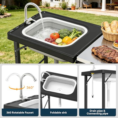 evixor Grill Cart with Foldable Sink, Outdoor Storage Cabinet, Outdoor Grill Cart with Wheels, Kitchen Island with Folding Trash Can for Barbecue, Backyard, Garden & Outdoor Kitchen