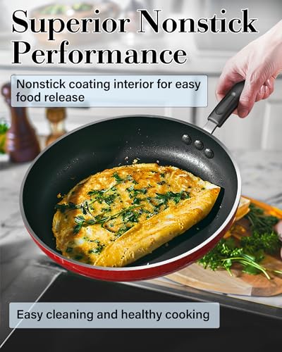 Cook N Home Pots and Pans Nonstick Cookware Set 12-Piece, Kitchen Cooking Set with Frying Pans and Saucepans, Induction Compatible, Marble Red