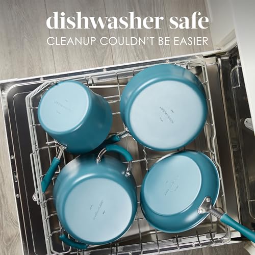 Rachael Ray Cucina Ceramic Cookware Set - 13 Pieces - Ceramic Pots and Pans Set w/Nonstick Frying Pans, Saute Pan, Saucepans, Stockpot, Lids, Pan Protectors & Cooking Utensils - Marine Blue