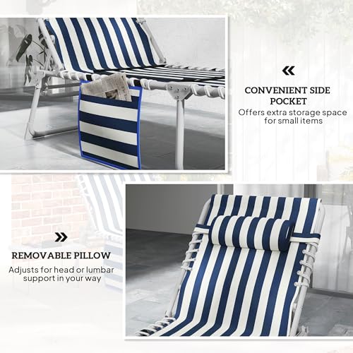 Outsunny Tanning Chair with Face Hole, Side Table, 5-Position Reclining Folding Chaise Lounge Chair Outdoor Lounger Recliner, Carry Straps for Beach Pool Camp, Oxford Fabric, Blue and White