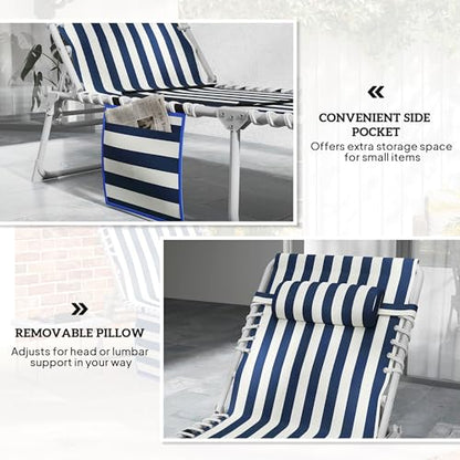 Outsunny Tanning Chair with Face Hole, Side Table, 5-Position Reclining Folding Chaise Lounge Chair Outdoor Lounger Recliner, Carry Straps for Beach Pool Camp, Oxford Fabric, Blue and White