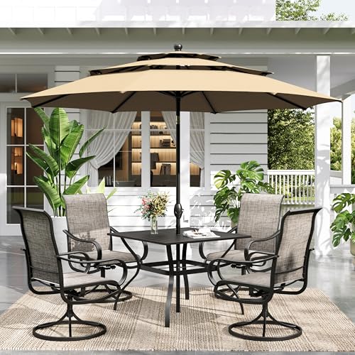 Sophia & William Patio Set with Umbrella 6 Pieces Outdoor Dining Set with 10ft 3 Tier Beige Patio Umbrella Windproof, 4 x Swivel Patio Dining Chairs, Patio Table and Chairs for Garden Backyard