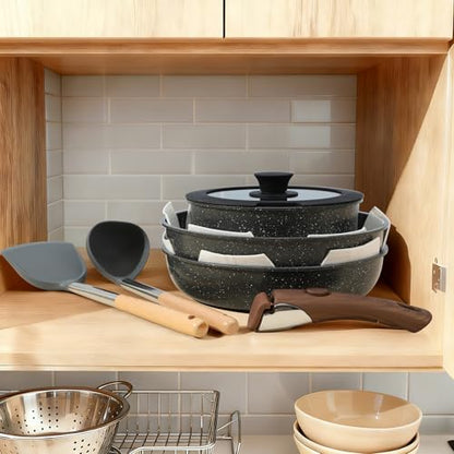 15PCS Ceramic Cookware Sets Detachable Handle Pots and Pans Set Non Stick (Black)