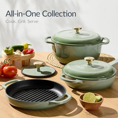 Best Choice Products Non-Stick Pot & Pan Cookware Set, Cast Iron, 2Qt Skillet W/Lid, 10" Grill Or Griddle Pan W/Press, 6Qt Enameled Dutch Oven, Non-toxic, For Cooking & Grilling - Cornflower