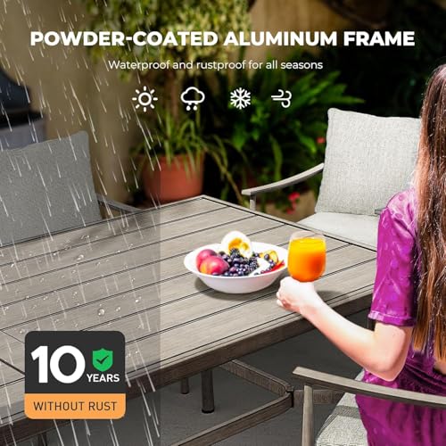 HAPPATIO 9-Piece Patio Table and Chairs Set for 8, Aluminum Outdoor Dining Set with Cushions, 8 Dining Chairs, 1 Large Rectangular Table with Umbrella Hole for Lawn, Porch, Backyard, Grey