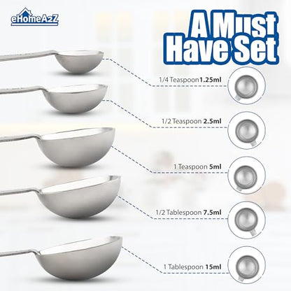 EHOMEA2Z 5-Piece Stainless Steel Measuring Spoon Set for Cooking and Baking, Heavy Duty, Fits in Spice Jars, Accurate for Dry and Liquid Ingredients