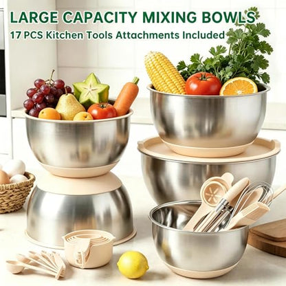 Deedro Premium Mixing Bowls with Airtight Lids Set, 22Pcs Thicker Stainless Steel Mixing Bowl Set, Large Prep Metal Bowls, Non-Slip Silicone Base Nesting Bowls for Kitchen, 1.5/2/3/4/5 QT, Khaki
