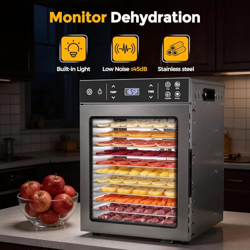 Suteck 12-Tray Food Dehydrator, 800W Dehydrator Machine with Stainless Steel Trays, Dual Fans & 360° Airflow, Digital Temp & Timer Control with 4 Presets, Quiet Dryer for Jerky, Fruit, Meat, Herbs