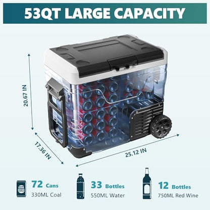EUHOMY 12 Volt Refrigerator, 53QT(50L) Electric Cooler, Portable Freezer 12V/24V DC 100-240V AC, 12V Fridge -4℉~68℉, 12V Cooler with Wheels & 2 Baskets for Travel,Camping,Truck,Boat
