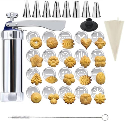 Stainless Steel Cookie Press Kit with Reinforced Handle, Professional Spritz Cookie Maker Gun with 20 Discs, 8 Icing Tips, Piping Bag & Brush, Durable Baking Set for DIY Holiday Cookies & Churros