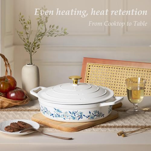 CAROTE 3.5QT Shallow Dutch Oven, Enameled Flora Cast Iron Braiser Pan Casserole Skillets with Lid, Versatile Heavy-Duty Cookware for Sourdough Bread Baking, Braising, Stews, Roasting, All Stovetop Compatible, Oven Safe up to 500° F, White & Blue