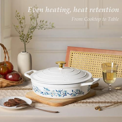 CAROTE 3.5QT Shallow Dutch Oven, Enameled Flora Cast Iron Braiser Pan Casserole Skillets with Lid, Versatile Heavy-Duty Cookware for Sourdough Bread Baking, Braising, Stews, Roasting, All Stovetop Compatible, Oven Safe up to 500° F, White & Blue